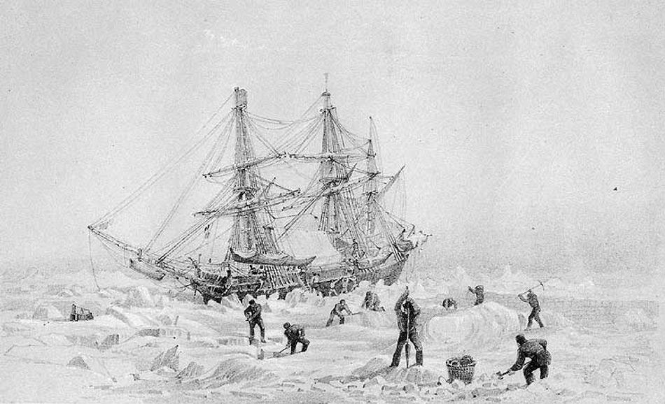 Die HMS Terror war eine Bombarde und wurde 1812-13 gebaut. Nach ihrem Dienst als Kriegsschiff wurde sie umgebaut und als Polarexpeditionsschiff genutzt. Sie war 31 m lang, hatte sowohl Segel wie auch einen 30 PS-Dampfantrieb, einen Eisen-verstÃ¤rkten Bug und eine Besatzung von 67 Mann. Bild: National Archives of Canada